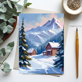 Postal Cabaña de esquí paisaje montañoso acuarela inviern