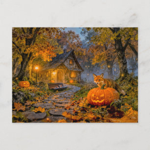 Postal Cabaña de Halloween en el bosque con zorro