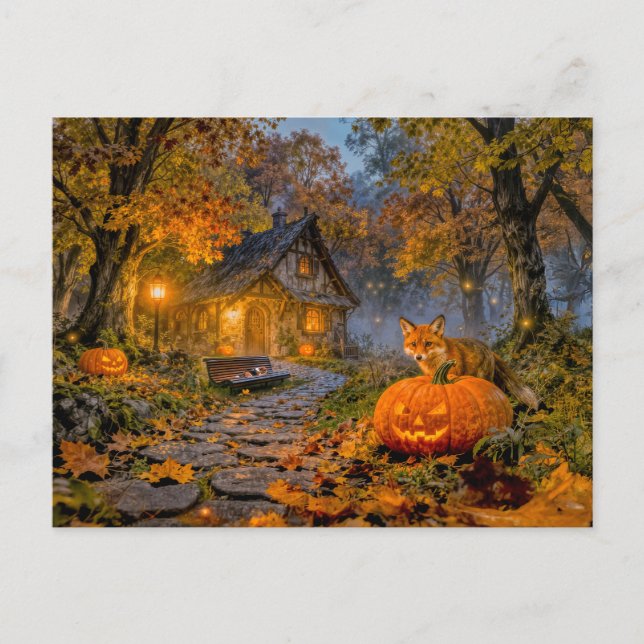 Postal Cabaña de Halloween en el bosque con zorro (Anverso)