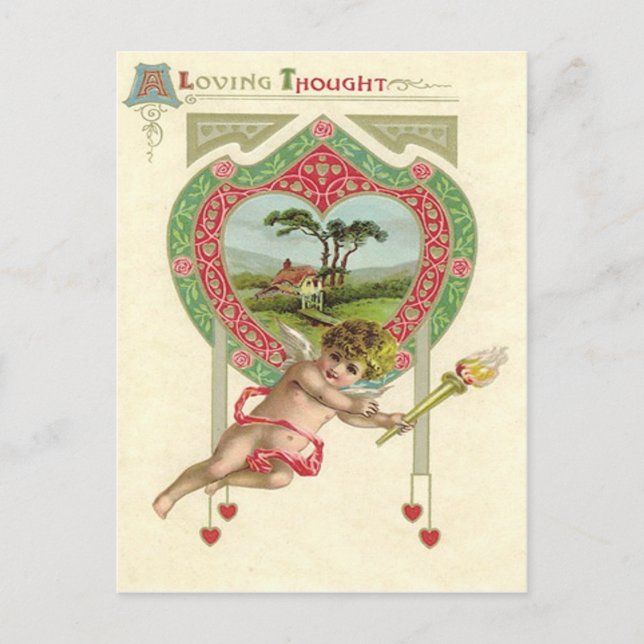 Postal Cabaña de la antorcha del corazón de Cupido Rosa (Anverso)