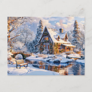 Postal Cabaña de Navidad junto al río nevado