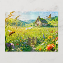 Cabaña de prado montañoso con flores, puerta y per