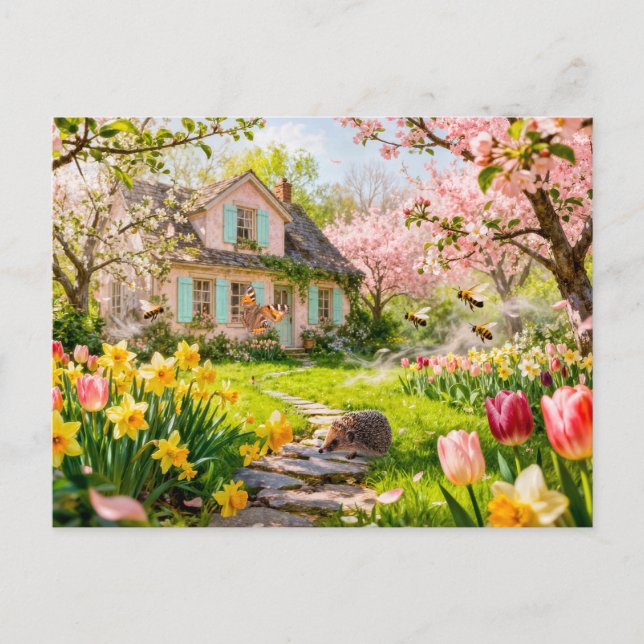 Postal Cabaña de primavera con abejas, erizo y flores en  (Anverso)