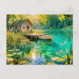 Postal Cabaña del arroyo del bosque con patos, muelle y D