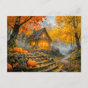 Postal Cabaña del bosque de Halloween con calabazas, cami