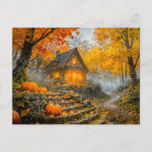 Cabaña del bosque de Halloween con calabazas, cami