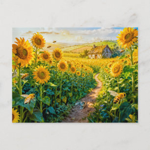 Postal Cabaña del camino de girasoles con gato y Mea flor