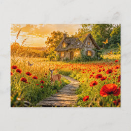 Postal Cabaña del Campo de Amapolas con Camino de Madera
