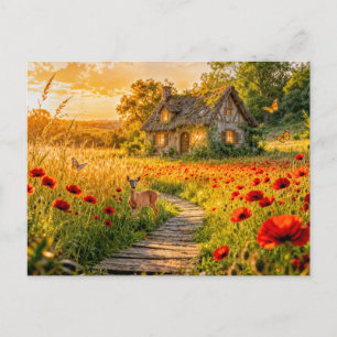 Postal Cabaña del Campo de Amapolas con Camino de Madera