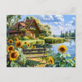 Postal Cabaña Lakeside con Campo de Girasol