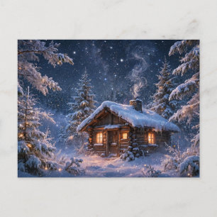 Postal Cabaña Mágica de Noche de Invierno en el Bosque