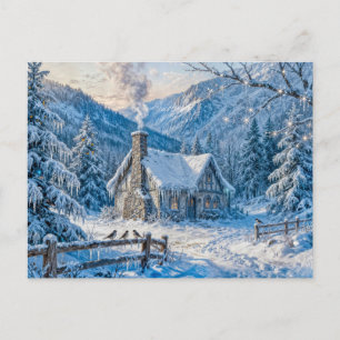 Postal Cabaña nevada con humo y pinos pintura