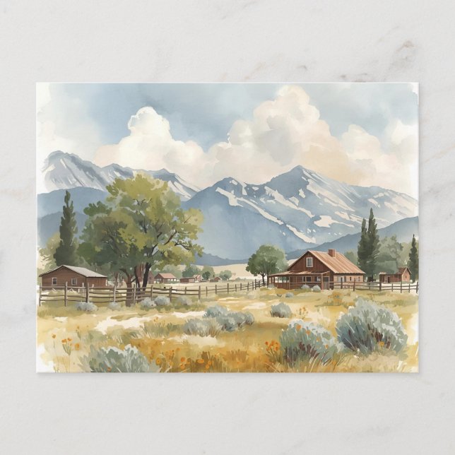 Postal Cabaña paisajista rural con vista de montaña (Anverso)