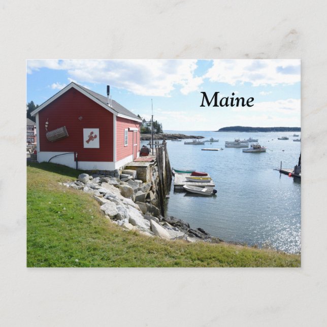 Postal cabaña y barcos de la langosta en Maine (Anverso)