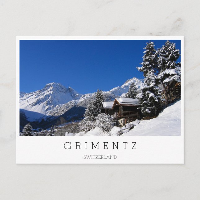 Postal Cabañas de troncos cubiertas de nieve en Suiza (Anverso)