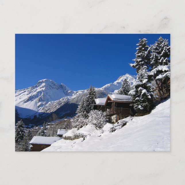 Postal Cabañas de troncos cubiertas de nieve en Suiza (Anverso)