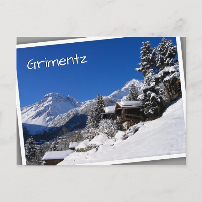 Postal Cabañas de troncos cubiertas de nieve en Suiza (Anverso)