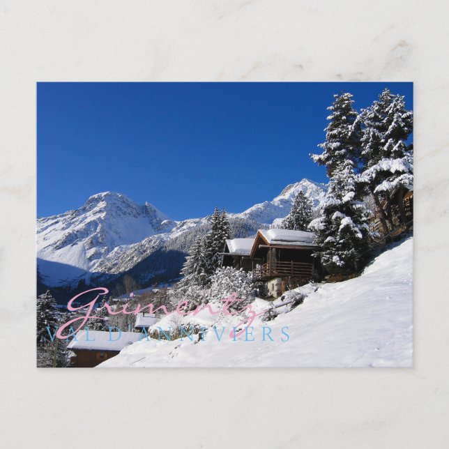 Postal Cabañas de troncos cubiertas de nieve en Suiza (Anverso)