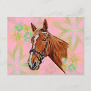 Postal Cabeza de caballo en fondo floral,