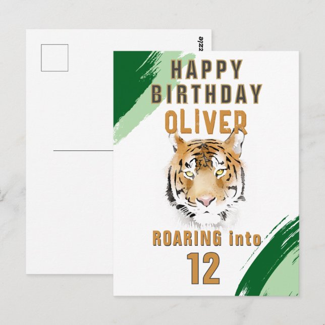 Postal Cabeza de Tigre Salvaje Acuarela Cumpleaños (Anverso / Reverso)
