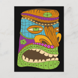 Postal Cabeza de Tiki Colorida en Ambiente Exótico, Negro