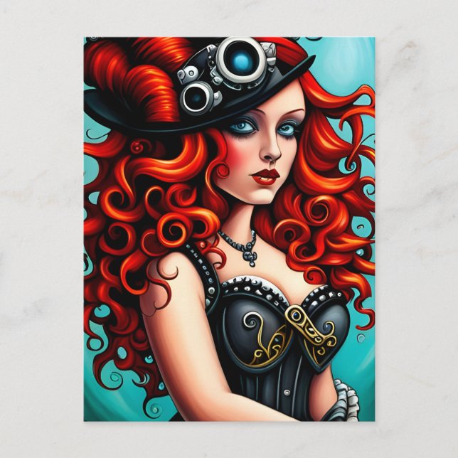 Postal Cabeza roja Steampunk Mujer (Anverso)