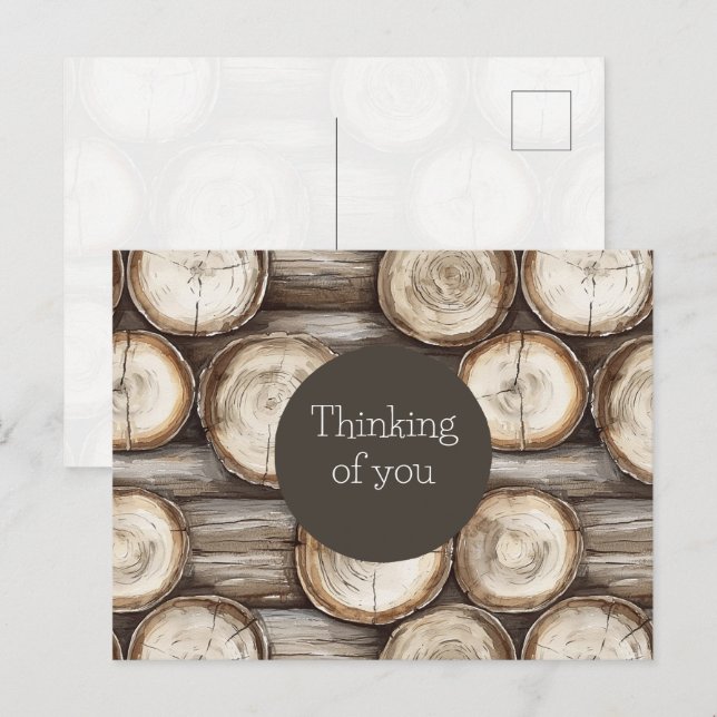 Postal Cabin de troncos de madera Pensando en ti (Anverso / Reverso)
