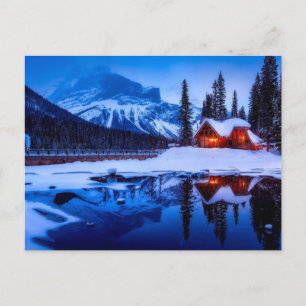 Postal Cabina canadiense con nieve, atardecer canadiense