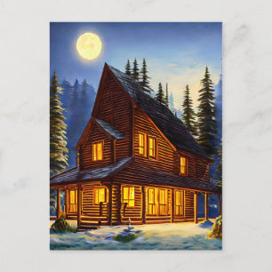 Postal Cabina de Log en el bosque Nieve paisaje arte