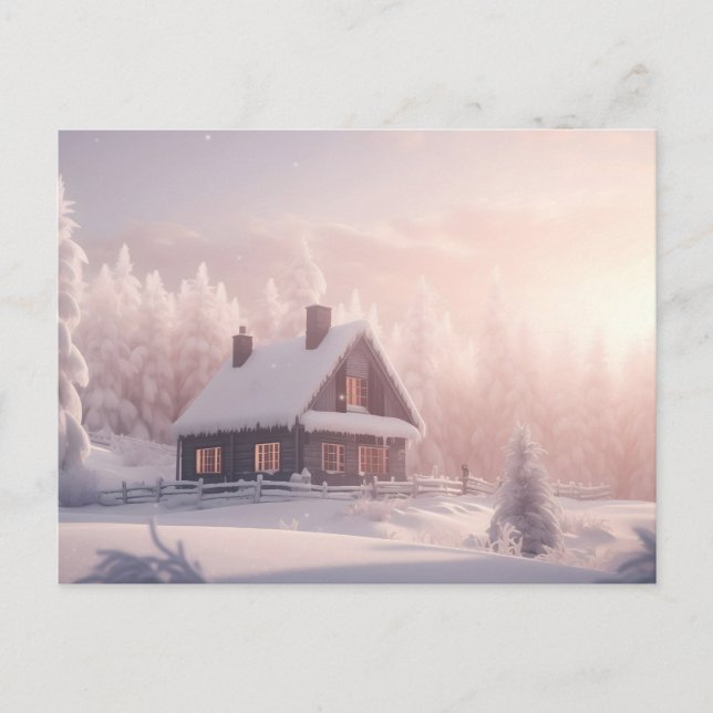 Postal Cabina de madera cubierta de nieve en un bosque (Anverso)