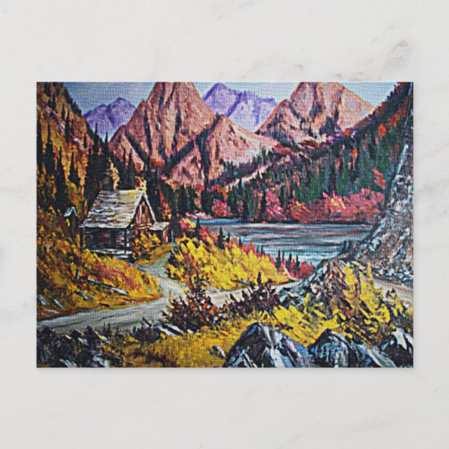Postal Cabina junto a la pintura al aceite del lago (Anverso)