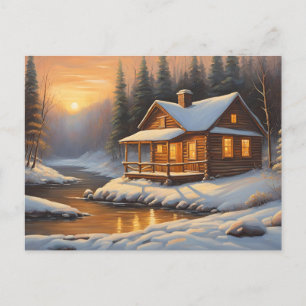 Postal Cabina rústica de madera en la selva de invierno