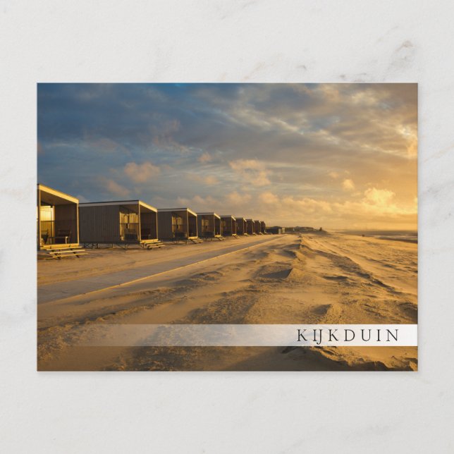 Postal Cabinas de playa al atardecer en la costa holandes (Anverso)