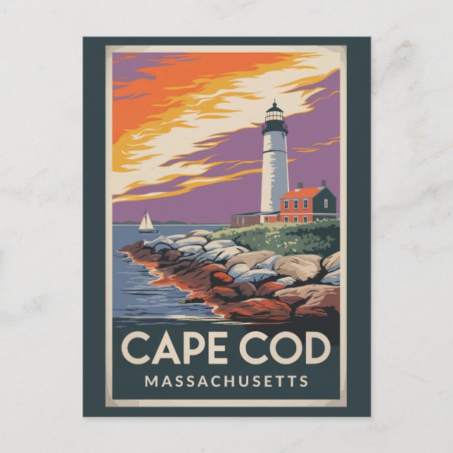 Postal Cabo Cod Massachusetts Ilustración Arte de Viaje (Anverso)