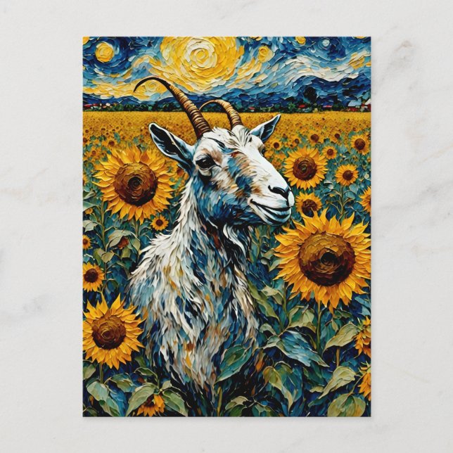 Postal Cabra adorable en los girasoles (Anverso)