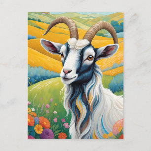 Postal Cabra Amigable Con Coloridas Colinas Vibrantes