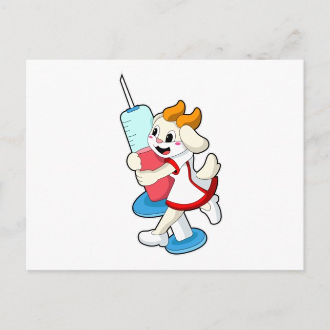 Postal Cabra como enfermera en vacunación con jeringa (Anverso)