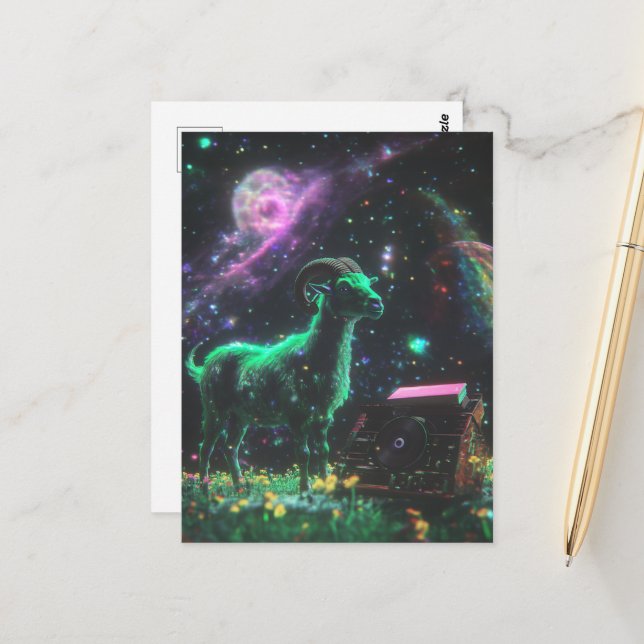 Postal Cabra de ciencia ficción en el espacio con fantasí (Anverso/Reverso In Situ)
