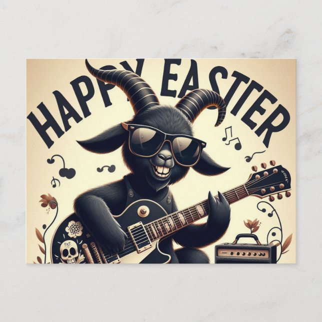 Postal Cabra negra tocando guitarra feliz Pascua (Anverso)
