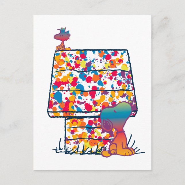 Postal Cacahuetes | Pintura arcoiris de Snoopy y Woodstoc (Anverso)