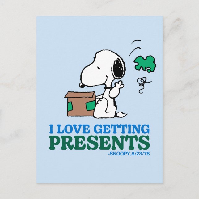 Postal Cacahuetes | Snoopy me encanta recibir regalos (Anverso)
