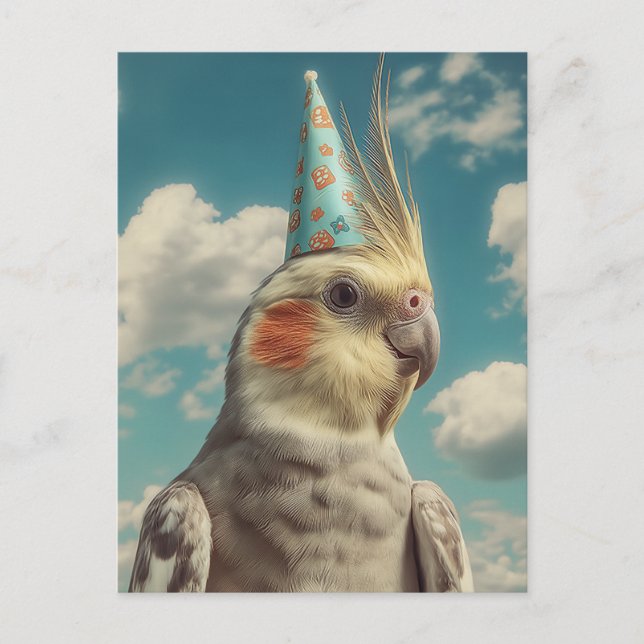 Postal Cacatúa con sombrero de cumpleaños contra cielo az (Anverso)