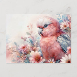 Postal Cacatúa Galah Rosa Acuarela Floral