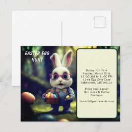 Postal Cacería de huevos de pascua de conejo y cesta con