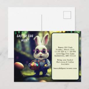 Postal Cacería de huevos de pascua de conejo y cesta con 