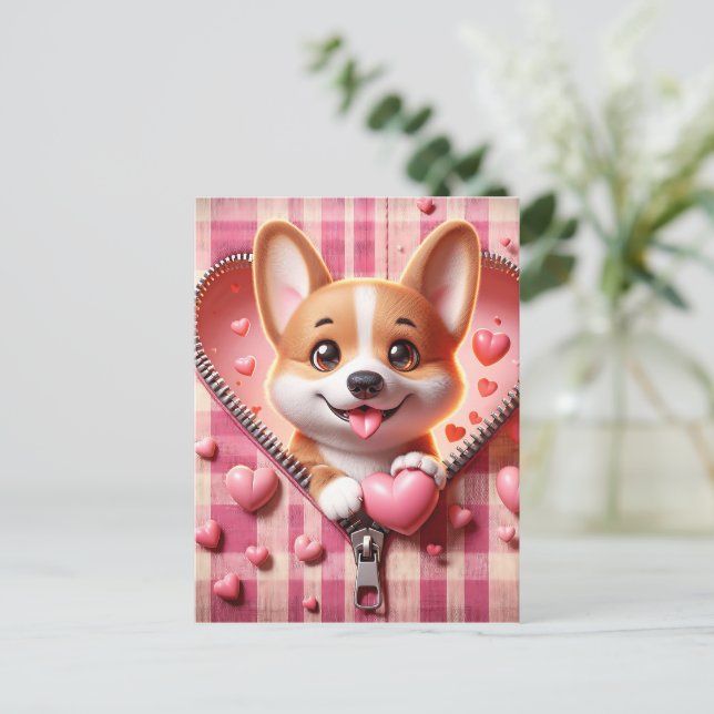 Postal Cachorro 3D en fondo rosa y blanco (31) (Anverso de pie)