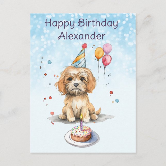 Postal Cachorro Adorable con Sombrero de Fiesta Cumpleaño (Anverso)