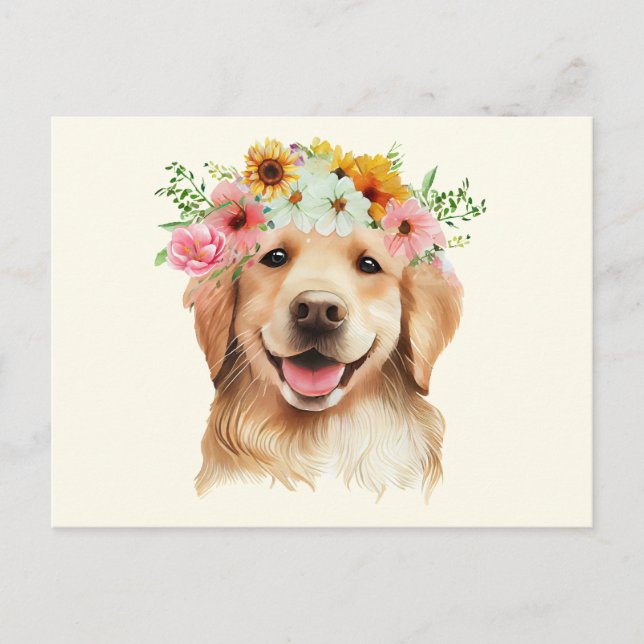 Postal Cachorro adorable de Golden Retriever con flores  (Anverso)