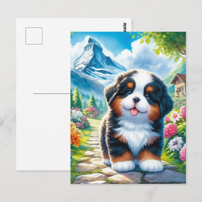 Postal Cachorro adorable de la raza Bernese Mountain Dog (Anverso / Reverso)