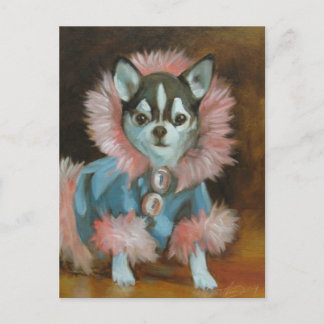 Postal cachorro chihuahua con chaqueta rosa y azul
